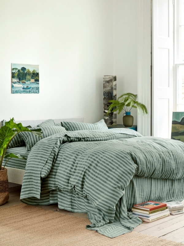 Duvet Cover with Pine Green Stripes, Linen Bedding Styling