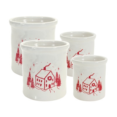 Earthenware Jar Set Red House Illustration Winter Cottage Decor