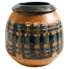 Earthenware Vase, Textured Vertical Bands, Bulbous Silhouette, Two-Tone.