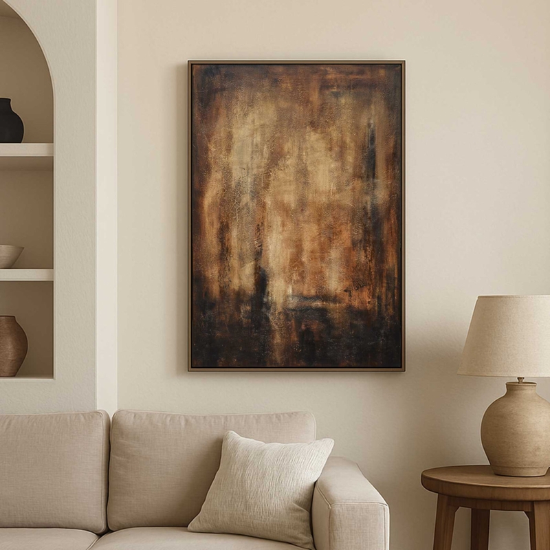 Earthy Abstract Wall Art: Textured Brown & Amber Canvas, Framed