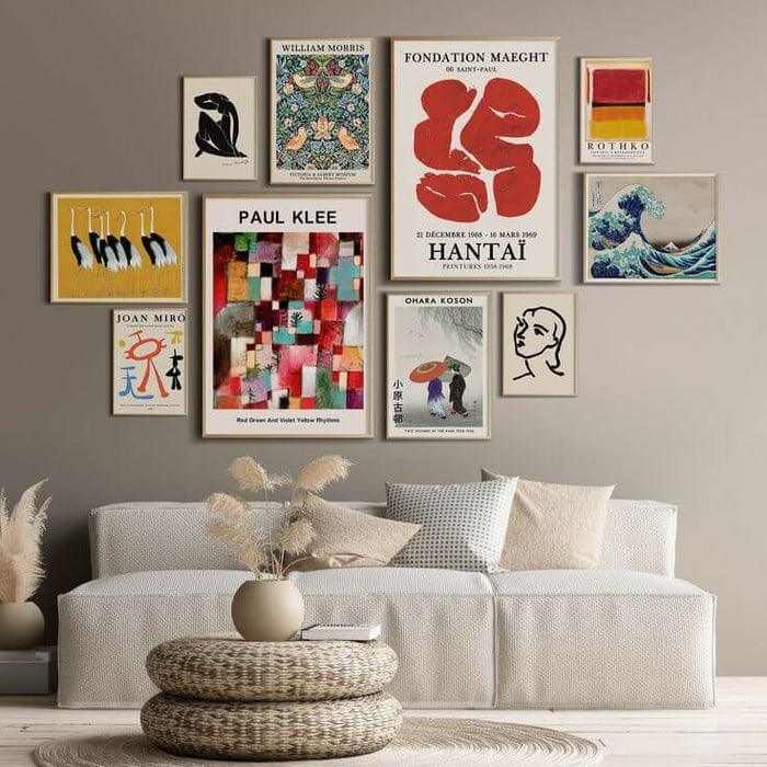 Eclectic Gallery Wall, Curated Art Collection, Minimalist Living Room