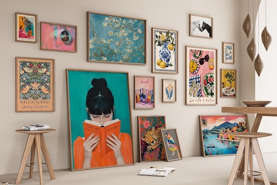 Eclectic Maximalist Gallery Wall Set with Leaning Floor Art Print