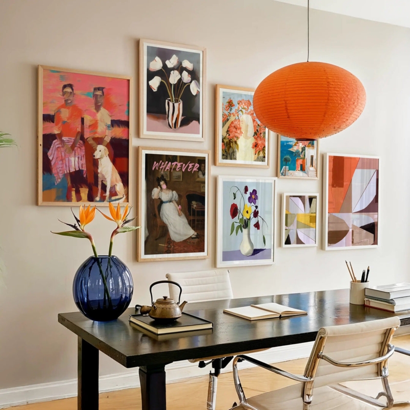 Eclectic Modern Gallery Wall Art Set with Orange Lantern Accent