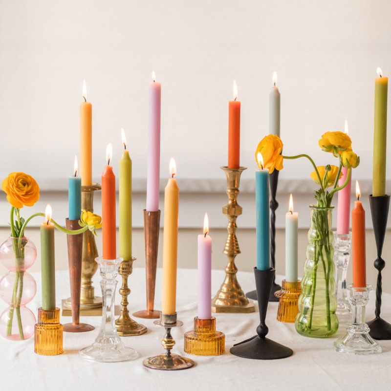 Eclectic Taper Candles in a Multi Colored Assortment with Mixed Holders