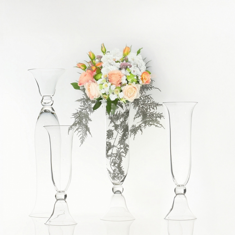Elegant Clear Glass Trumpet Vase, Tiered Pedestal with Ball Node Feature