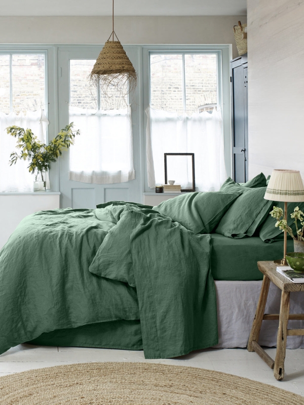 Elm Green Duvet Cover Crinkled Linen-Like Monochromatic Bedroom Design
