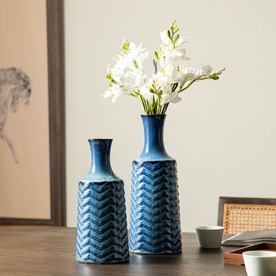Embossed Chevron Ceramic Vases Pair: Brilliant Finish. Tabletop decor set.