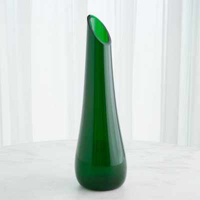 Emerald Green Glass Table Vase Slanted Rim Tapered Neck