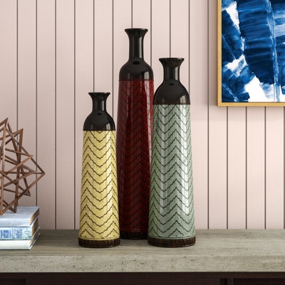 Enameled Metal Decorative Vases Trio: Bottleneck Silhouette. Colorful decor.