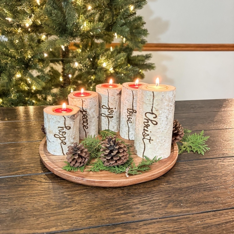 Engraved Wood Candle Holder Set with Birch Bark Texture and Votives