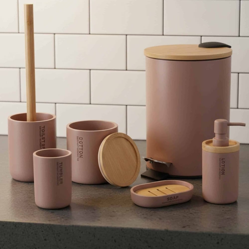 Espresso Brown Bathroom Accessory Set, Bamboo Accents, Minimalist