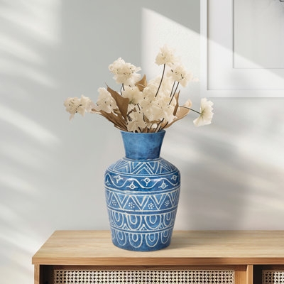 Etched Ceramic Vase for Console: Blue Terracotta with Flared Neck.