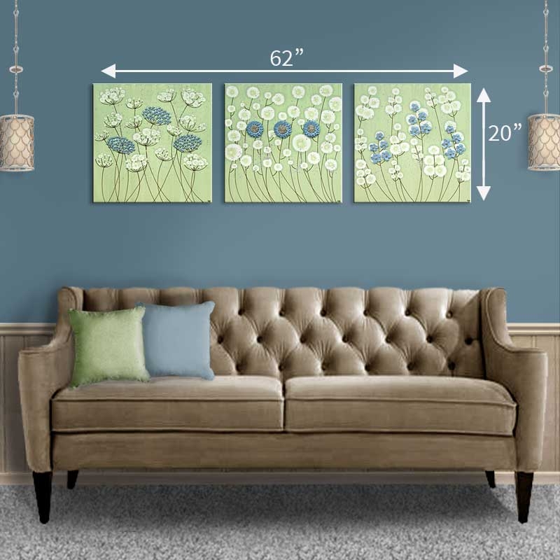 Extra Large Wall Art Triptych with Floral Pattern in Green and Blue