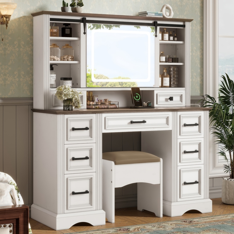 Farmhouse Makeup Vanity Set with Sliding LED Mirror and Hutch