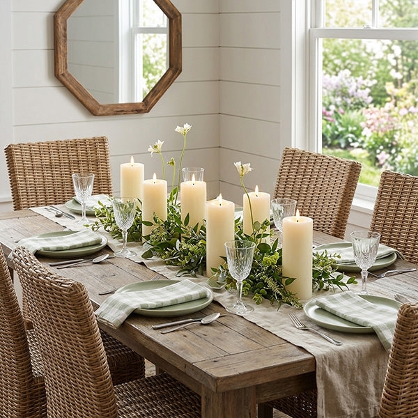 Farmhouse Pillar Candle Set of Six Woven Texture Dining Decor