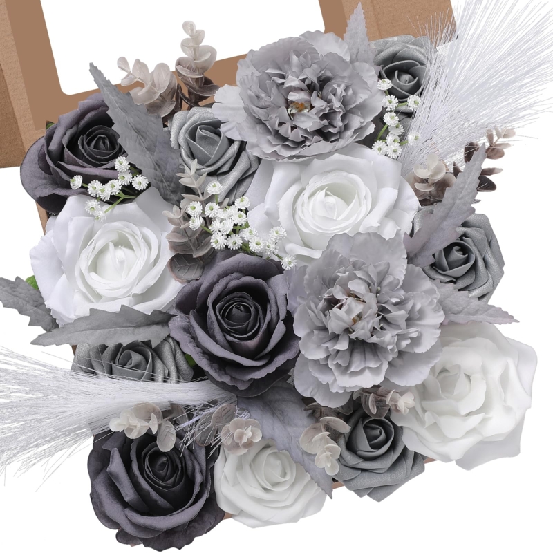 Faux Flower Box Set monochromatic grey palette with mixed floral textures.