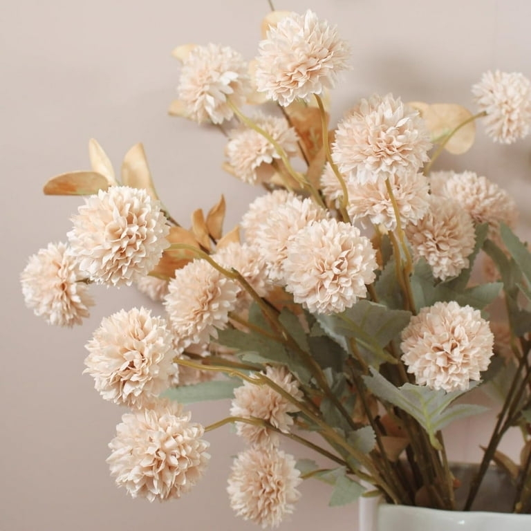 Faux Mums: Pom Pom Shape, Ruffled Petals, Beige Nude Tone