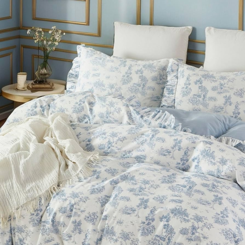 Feminine Duvet Cover Set with Ruffled Trim Blue Toile Pattern