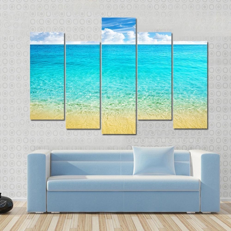 Five Panel Wall Art Stepped Turquoise Coastal Living Room Decor