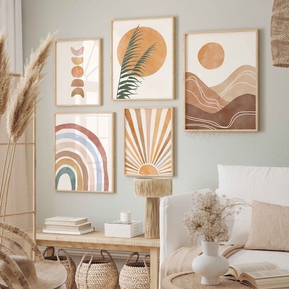 Five-Piece Boho Gallery Wall Set, Earth Tone Prints, Wood Frames