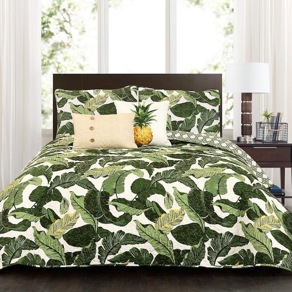 Five-Piece Quilt Set with Emerald and Navy Tropical Print