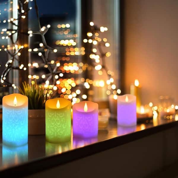 Flameless Candle Embossed Damask Pattern Multi Colored LED Decor