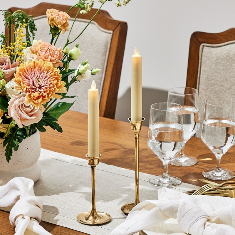 Flameless Candle Ivory Flat Top in Slender Gold Holders Dining Decor