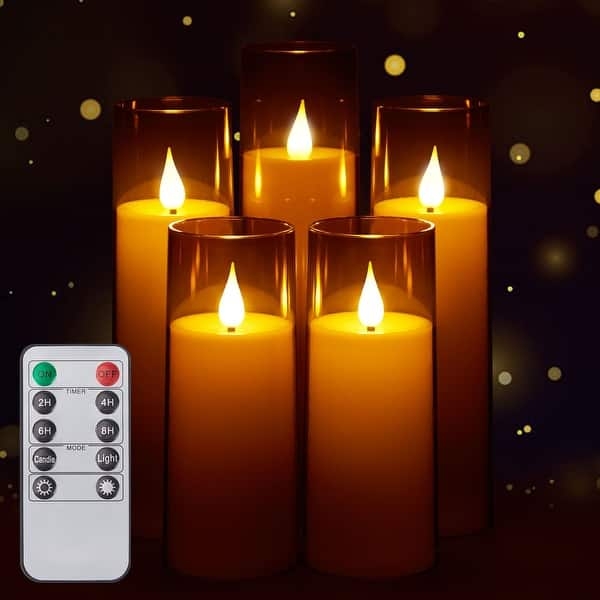 Flameless Candle Set Amber Tinted Shells Tiered Set Of Five Remote