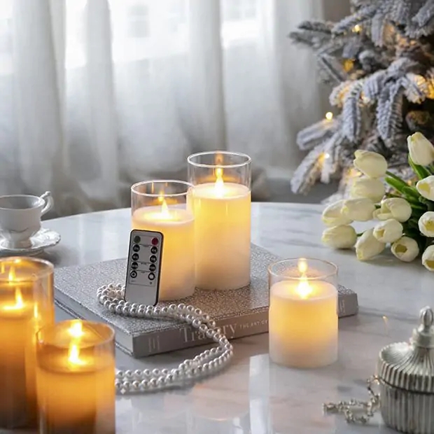 Flameless Candle Set, Elegant Glass Encasement with Remote Timer