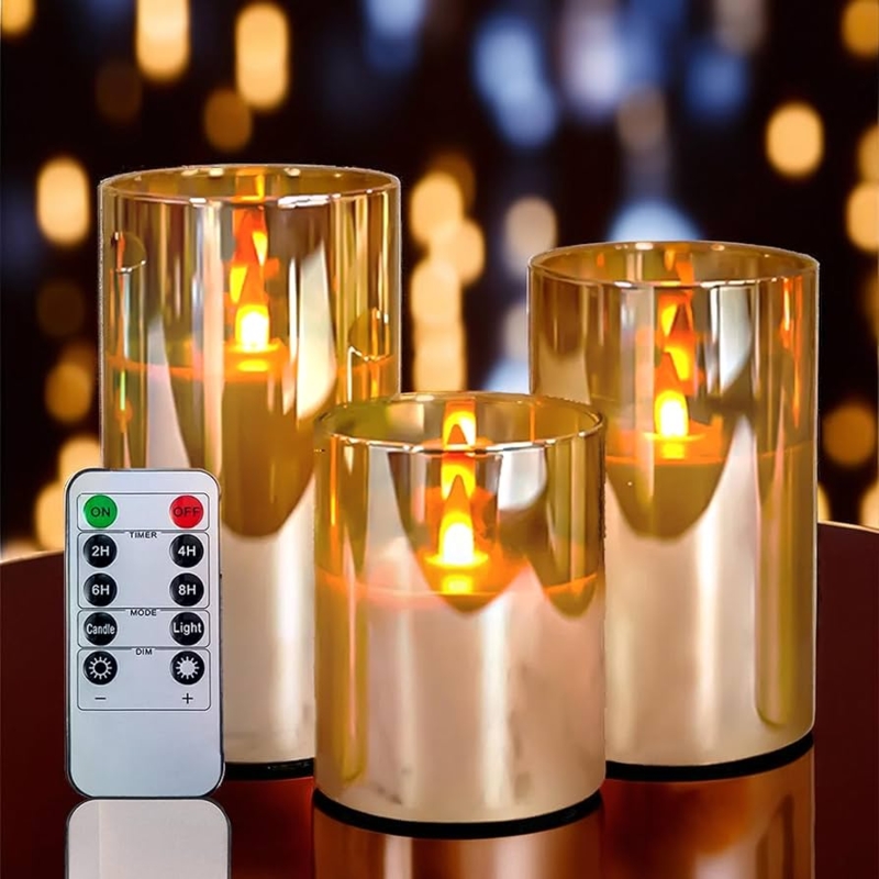 Flameless Candle Set Gold Glass Remote Staggered Heights