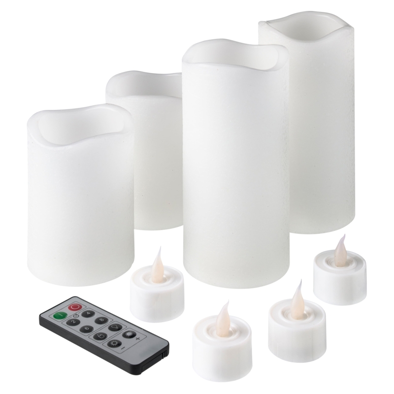 Flameless Candle Set White Mixed Sizes Pillar and Tea Lights with Remote