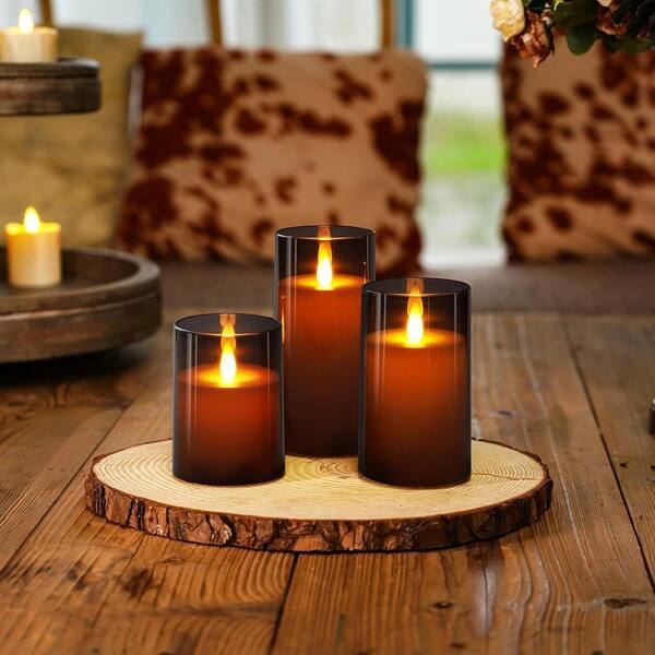 Flameless Candle Smoke Gray Glass Natural Wood Slice Base Amber Glow