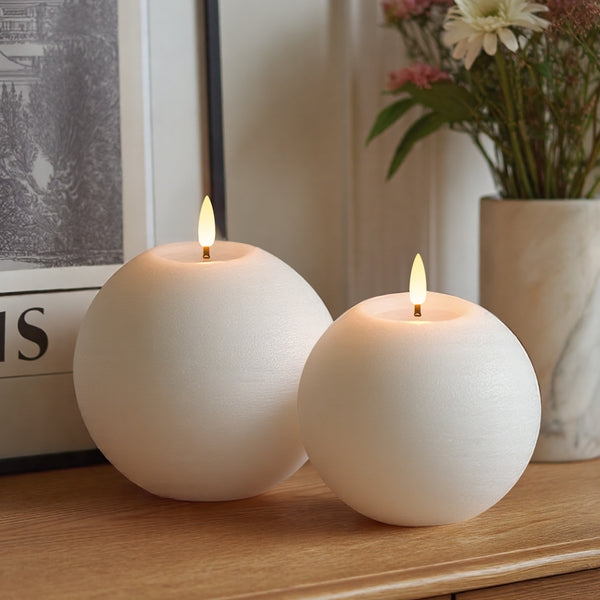 Flameless Candle Spherical Shape, Rustic Texture White Set of 2
