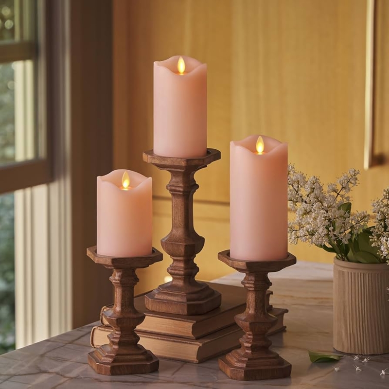 Flameless Candle: Staggered Wood Pedestals with Pastel Pink Set