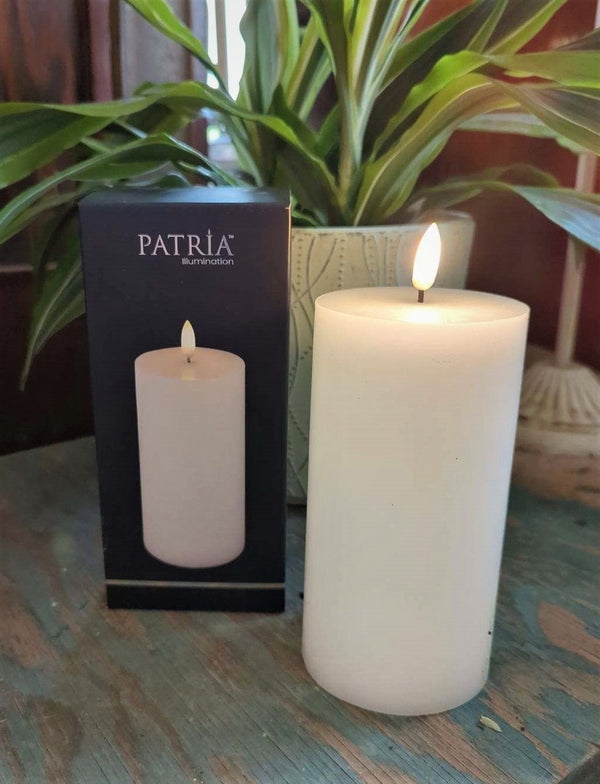 Flameless Candle, Tall White Wax-Look Pillar with Teardrop LED Flame