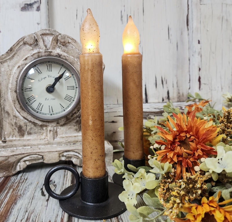 Flameless Candle, Textured Amber Tapers in Black Metal Holders, Pair