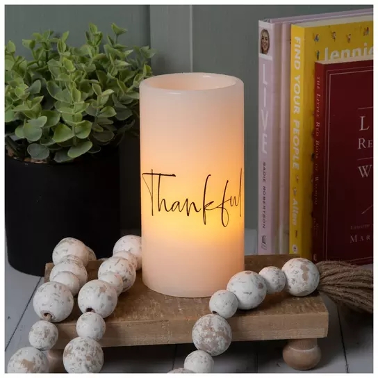 Flameless Candle Thankful Text Cream Amber Glow Distressed Finish