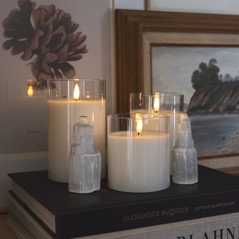 Flameless Candle Tiered Set in Hurricane Glass Cylinders, Modern Decor