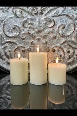 Flameless Candle Trio, Glass Sleeves, Graduated Heights, Warm Glow