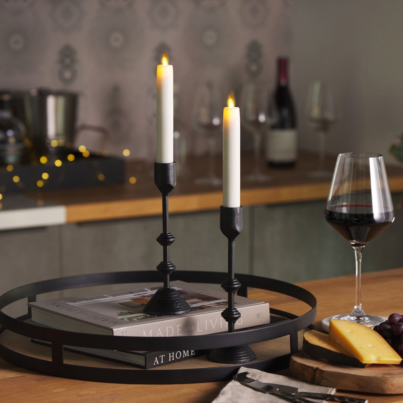 Flameless Candle White Tapers in Matte Black Holders Layered Vignette