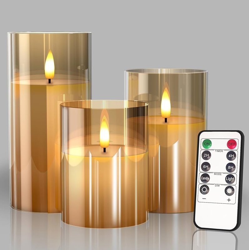 Flameless Candles Amber Tinted Glass Hurricane Set with Remote