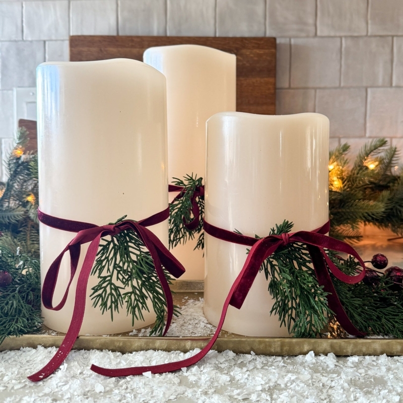 Flameless Candles: Burgundy Velvet Ribbons on Staggered Set