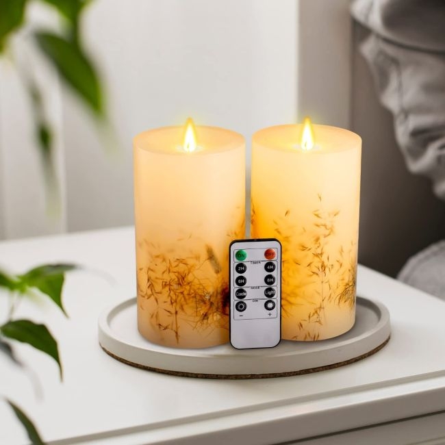 Flameless Candles Embedded Botanicals Remote Controlled Ambient Decor