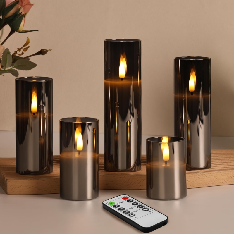 Flameless Candles Grey Glass Set with Remote, Modern Minimalist Style