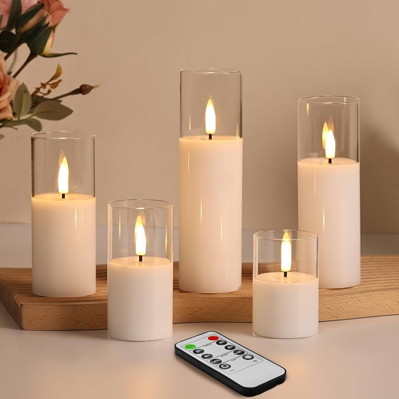 Flameless Candles in Glass Cylinder Casing, Modern 5-Piece Set