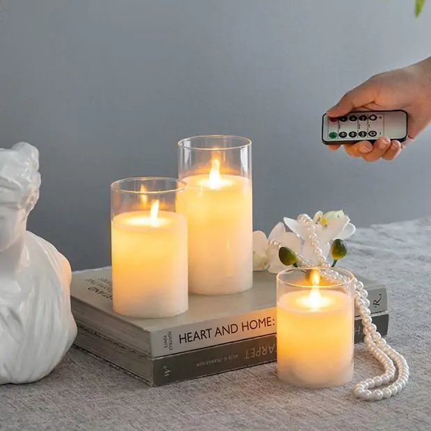 Flameless Candles, Modern Farmhouse Set in Glass Cylinders with Remote