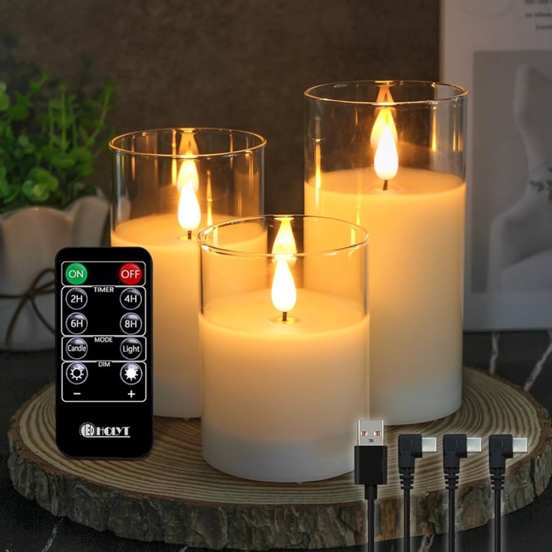 Flameless Candles Rechargeable Glass Encased Set with USB Charger