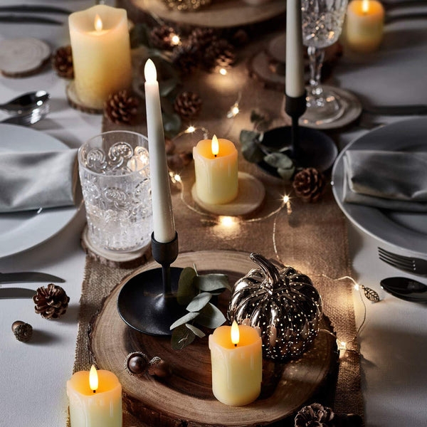 Flameless Candles, Rustic Fall Centerpiece with Wood Slice Chargers