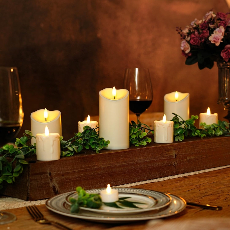 Flameless Candles Rustic Wooden Base Ivory Varied Heights Melted Edge
