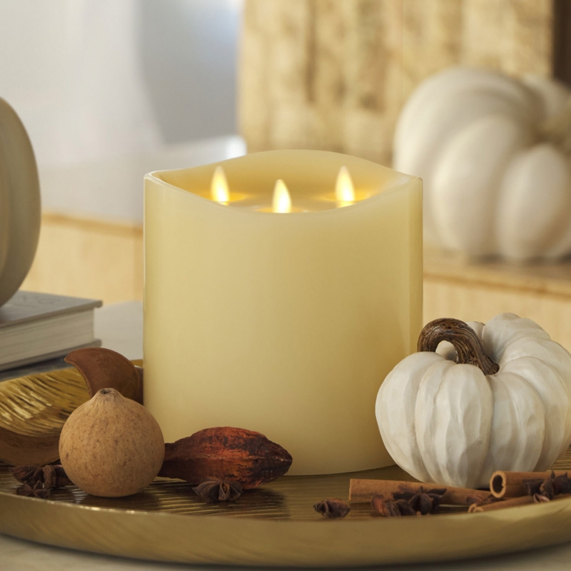 Flameless Pillar Candle Grand Tri-Flame LED with Melted Top, Autumnal